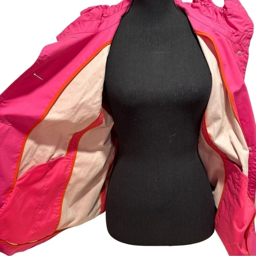 J. Crew Trench Coat Hot Pink Lightweight Lined Belted Ruffled Collar L EUC